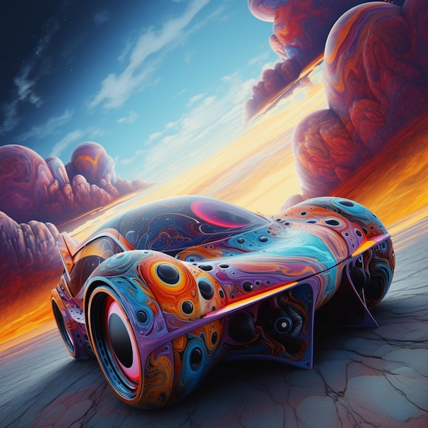 Brightly colored car with a futuristic design on the front generative ai