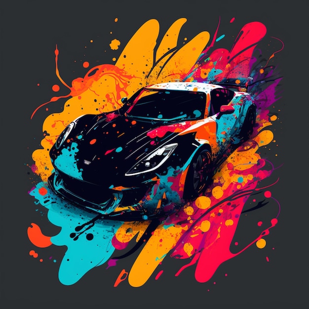 A brightly colored car with splats and paint splatters on a black background generative ai