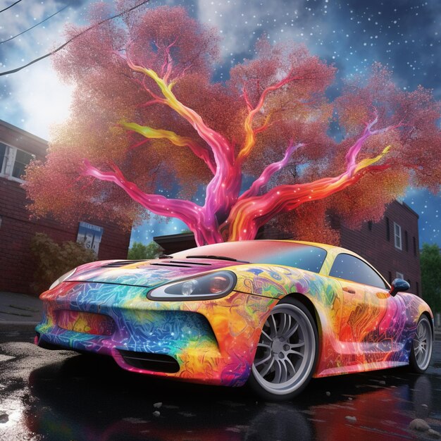 Foto auto dai colori vivaci con un albero sullo sfondo
