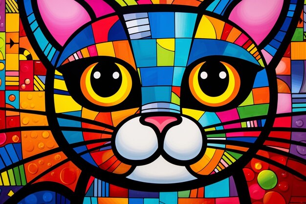 Brightly colored cat painting on a colorful background with lots of dots generative ai