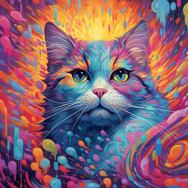 brightly colored cat painting with bright yellow eyes and colorful swirls generative ai