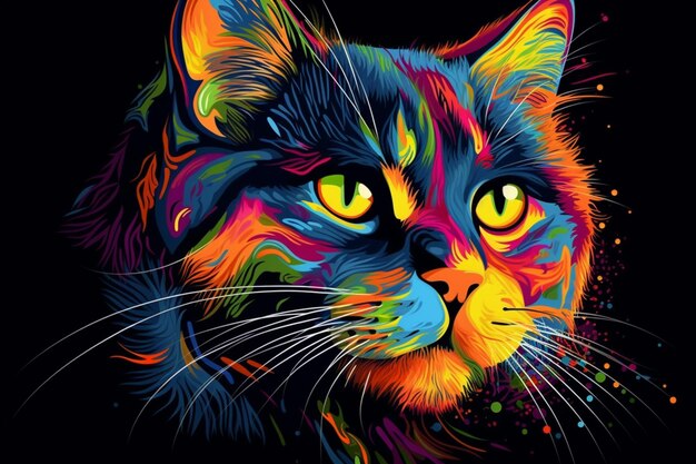 Brightly colored cat portrait on black background with splatters generative ai