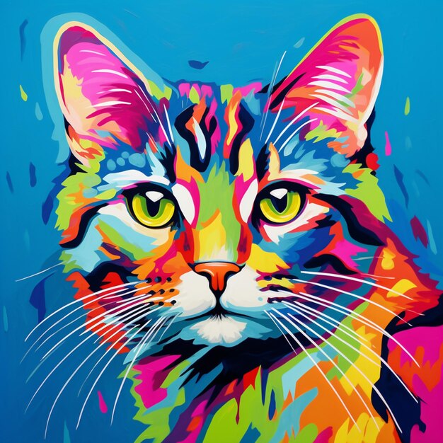 Brightly colored cat portrait on blue background with bright green eyes generative ai