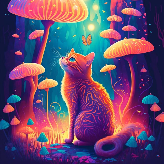 Brightly colored cat sitting in a mushroom forest with glowing mushrooms generative ai