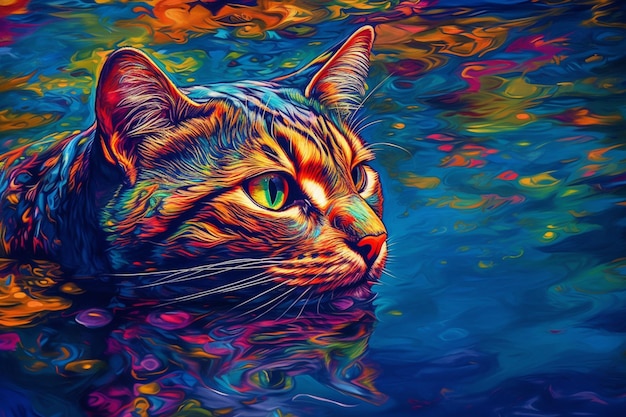 Photo brightly colored cat in water with colorful background generative ai