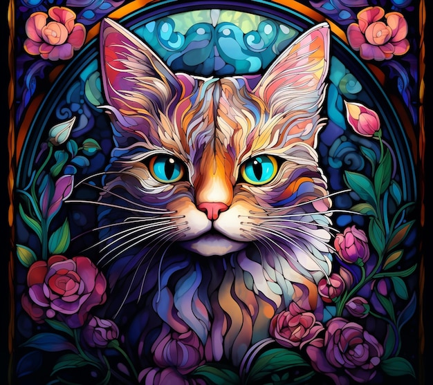 brightly colored cat with blue eyes in stained glass frame generative ai