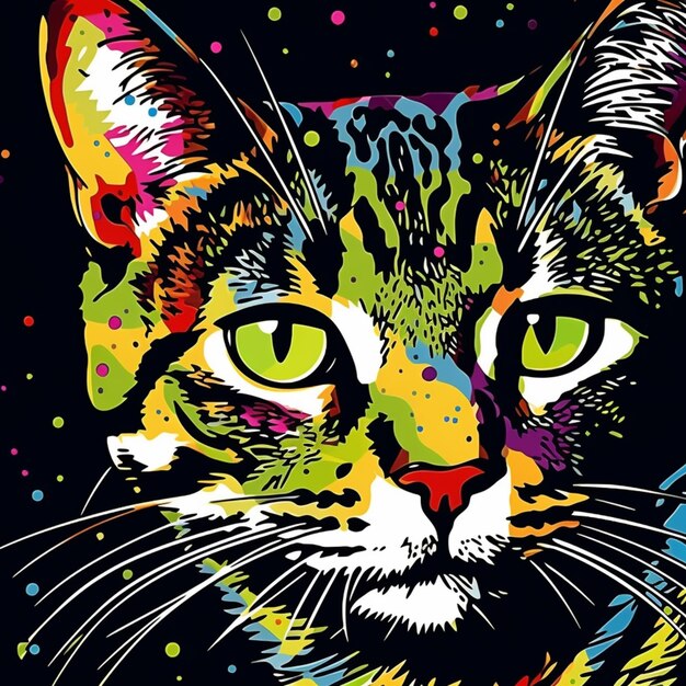 Foto gatto di colori vivaci con occhi brillanti e baffi brillanti su uno sfondo nero ai generativo