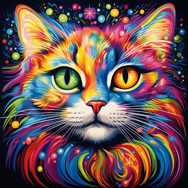 Photo brightly colored cat with bright eyes and colorful mane generative ai