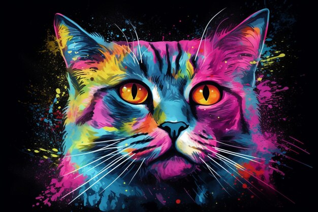 Brightly colored cat with bright eyes and yellow eyes on black background generative ai