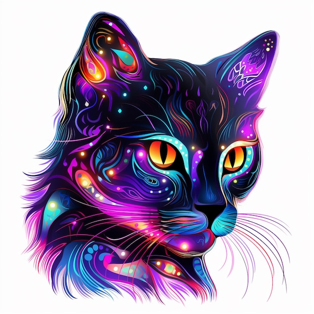 Ярко окрашенный кот со светящимися глазами и светящимся хвостом, генеративный искусственный интеллект