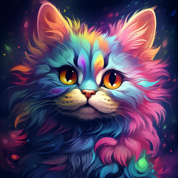 Brightly colored cat with glowing eyes and long hair generative ai