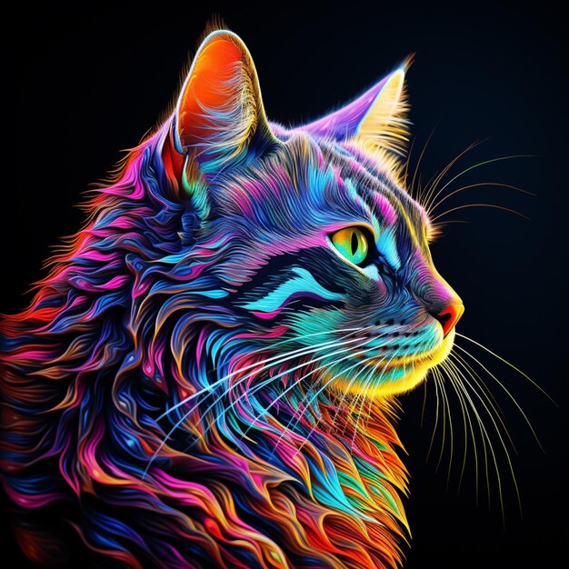Foto gatto dai colori vivaci con occhi luminosi e lunghi baffi generativo ai