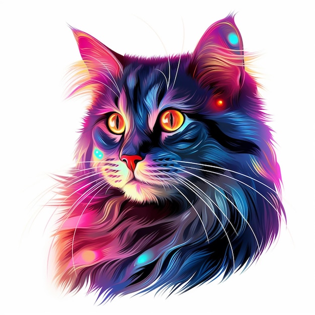 Ярко окрашенный кот со светящимися глазами и длинными усами, генеративный искусственный интеллект