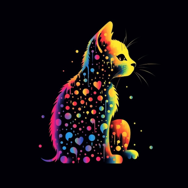 brightly colored cat with hearts on black background generative ai