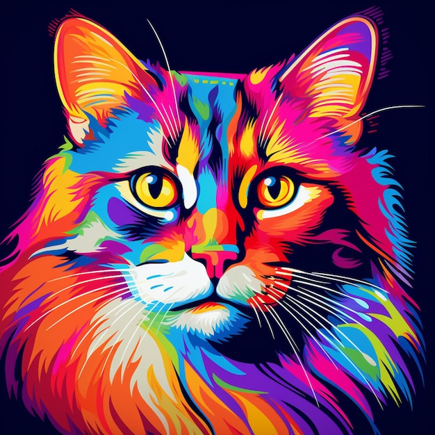 Brightly colored cat with yellow eyes on a black background generative ai
