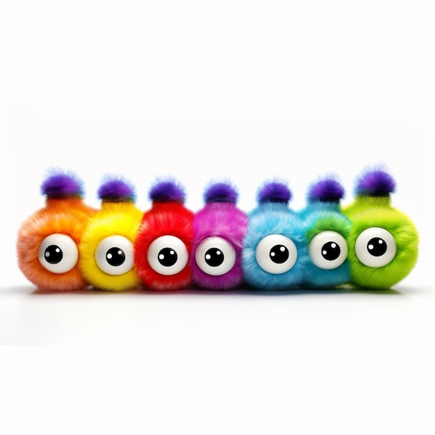 Photo brightly colored caters with googly eyes and pom poms on them generative ai