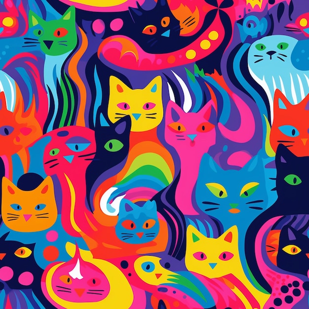 Brightly colored cats are grouped together in a colorful pattern generative ai