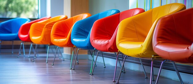 brightly colored chairs line a long wall in a room generative ai