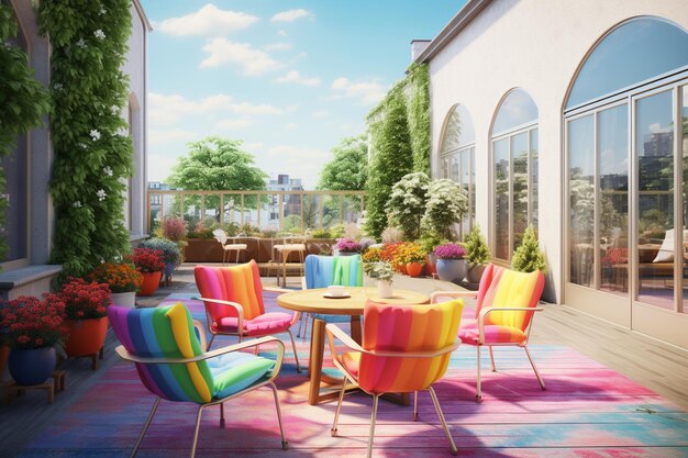 brightly colored chairs and tables on a patio with a view of the city generative ai