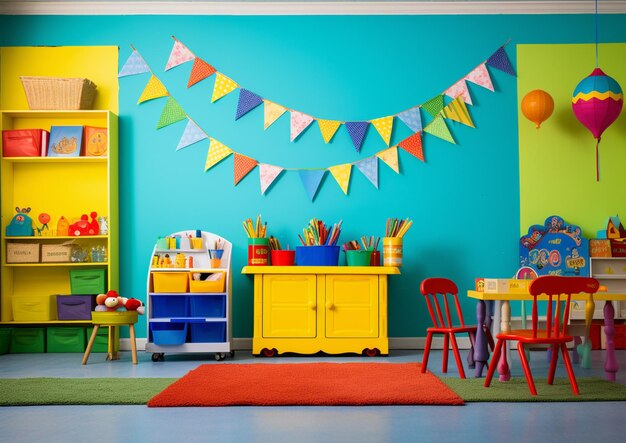 화려한 가구와 장식을 갖춘 밝은 색상의 어린이 놀이방