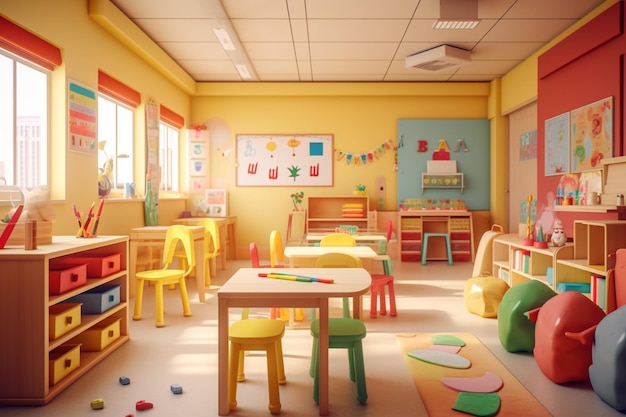 Brightly colored childrens playroom with tables and chairs generative ai