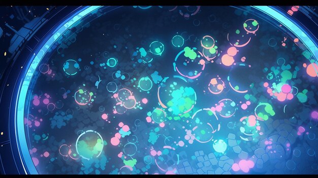 Brightly colored circles and bubbles are in a circular blue light generative ai