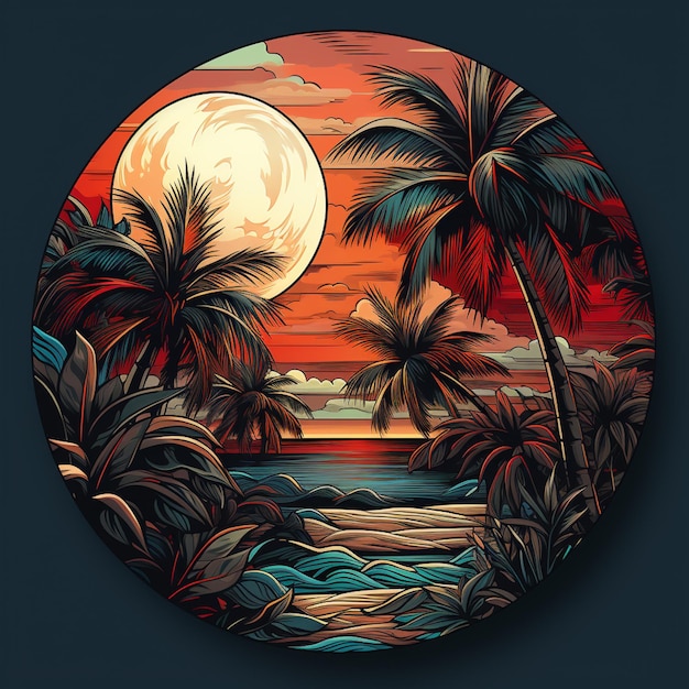 A brightly colored circular artwork of a tropical sunset with palm trees generative ai
