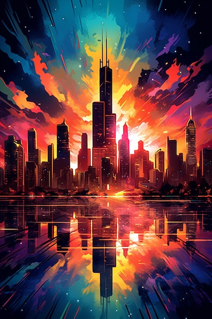 brightly colored city skyline with reflection in water at sunset generative ai