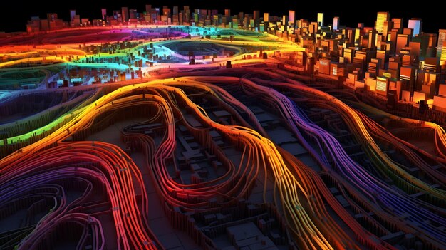 a brightly colored cityscape with a rainbow of lights Generative AI