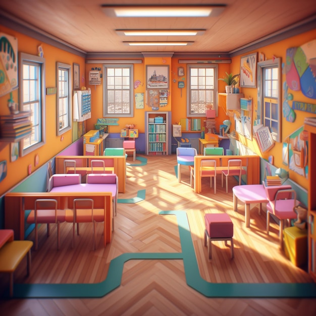 Photo brightly colored classroom with desks and chairs and a large window generative ai