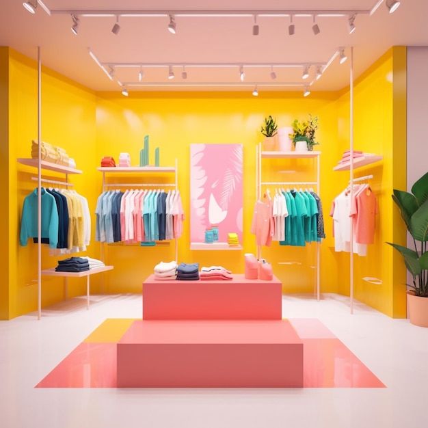 Brightly colored clothing store with shelves and shelves of clothes generative ai