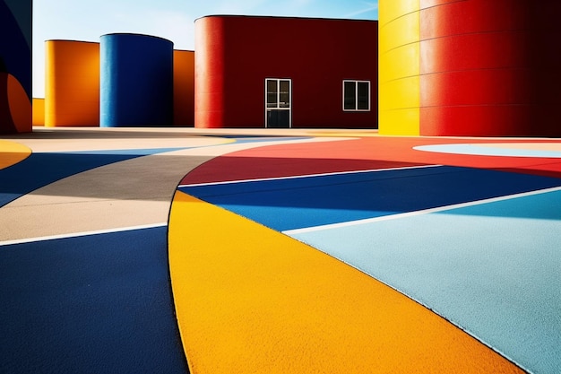 Photo brightly colored concrete buildings with a blue sky in the background generative ai