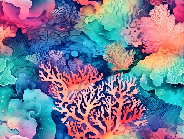 brightly colored corals and algaes are featured in this watercolor painting generative ai