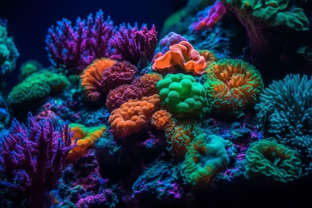 Brightly colored corals in a dark aquarium with bright lighting generative ai