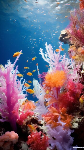 Brightly colored corals and fish in a blue ocean with sunlight generative ai