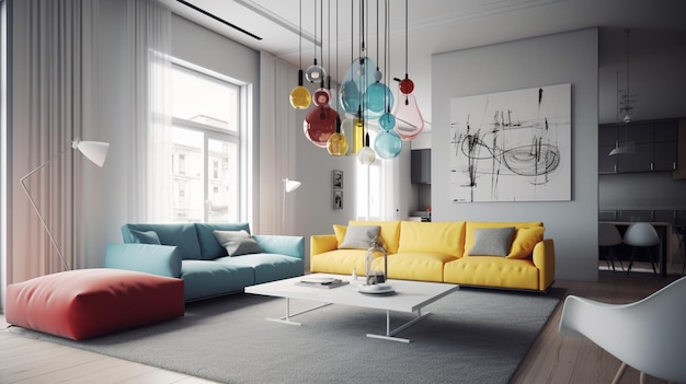 a brightly colored couch and chair in a modern living room generative ai