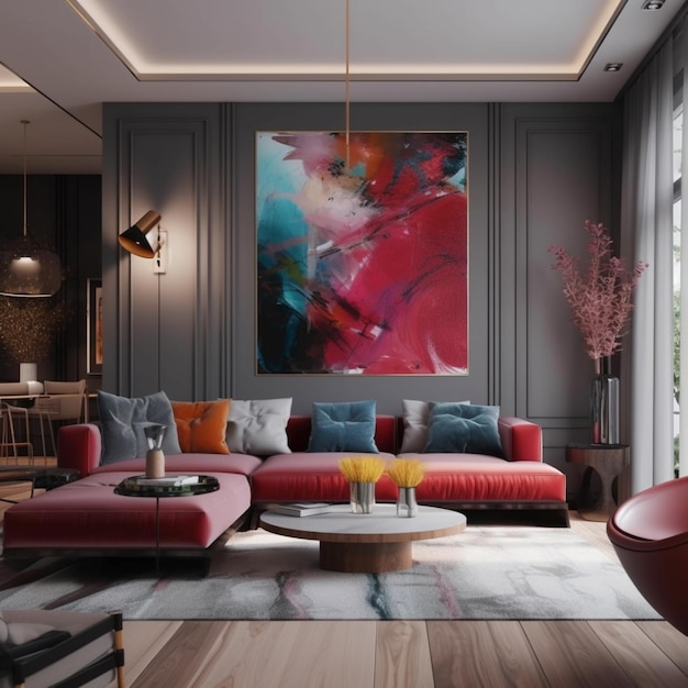 대형 그림 생성 AI가 있는 현대적인 거실의 밝은 색상의 소파