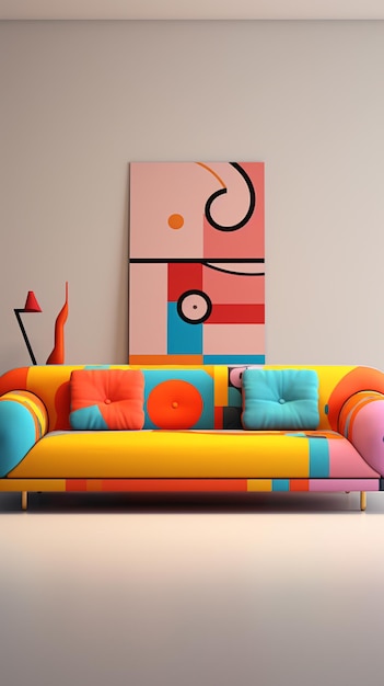 brightly colored couch in a room with a painting on the wall generative ai