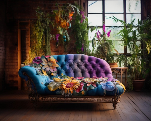 Brightly colored couch in a room with plants and windows generative ai