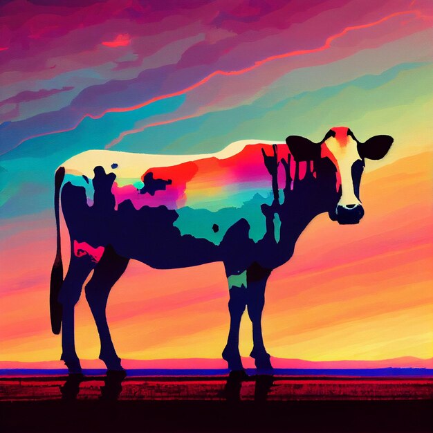 Brightly colored cow standing in a field at sunset with a sky background generative ai