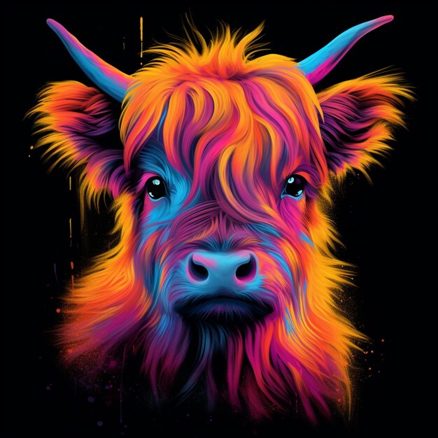 brightly colored cow with horns and long hair on a black background generative ai