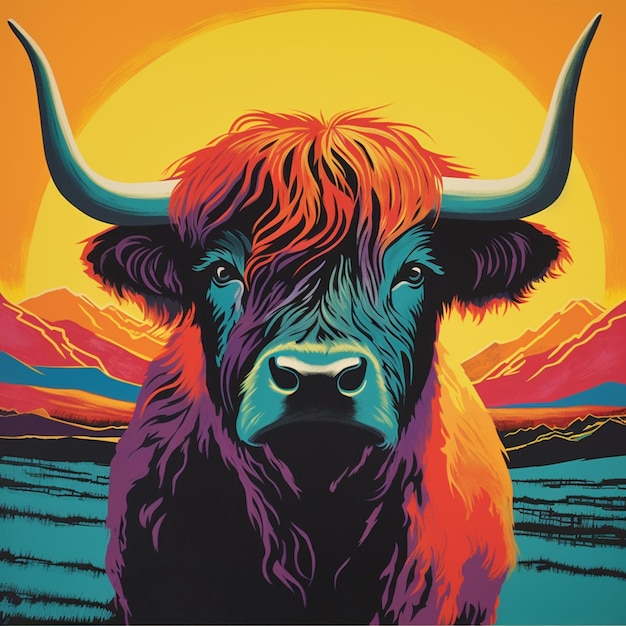 brightly colored cow with horns standing in a field with mountains in the background generative ai