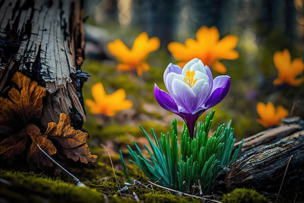 Brightly colored crocus blooming in the forest