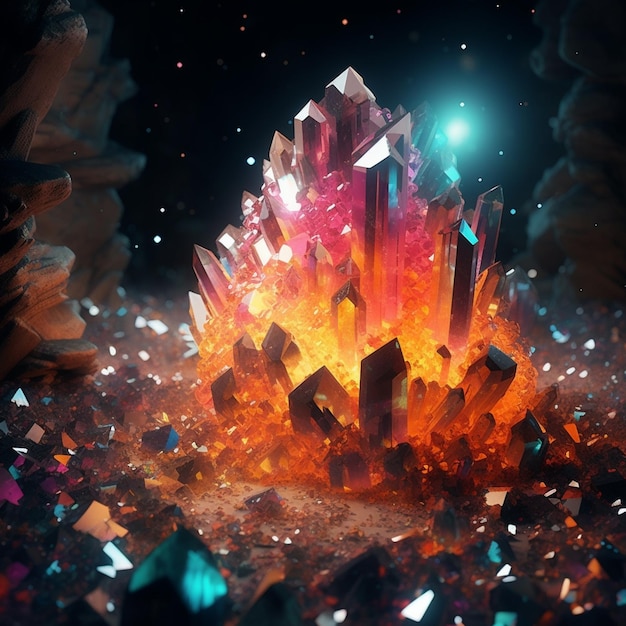 brightly colored crystals are scattered on a dark background with a bright light generative ai