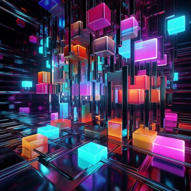 brightly colored cubes in a dark room with a black background generative ai