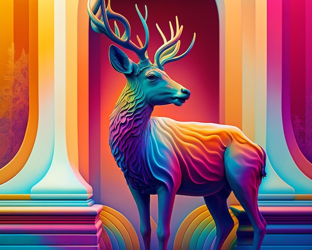 Brightly colored deer statue in front of a colorful building generative ai
