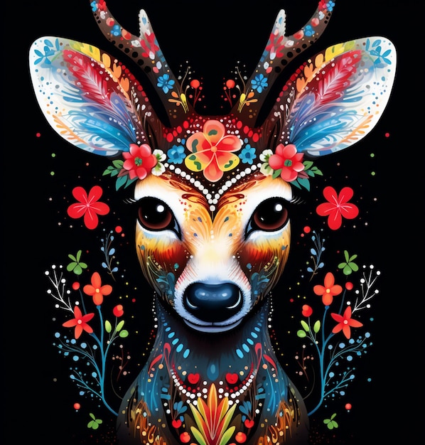 brightly colored deer with floral headpiece on black background generative ai