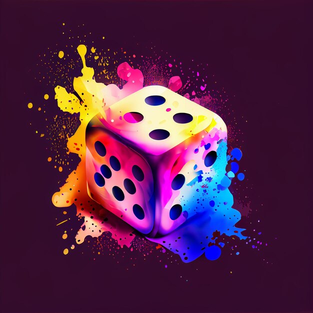 Brightly colored dice with splats and spots on a dark background generative ai