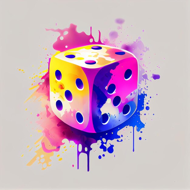 Foto brightly colored dice with splats and spots on a white background generative ai