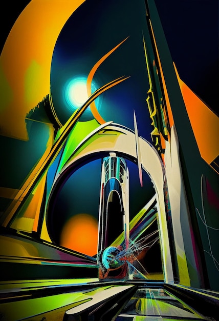 Brightly colored digital painting of a futuristic city with clock tower generative ai